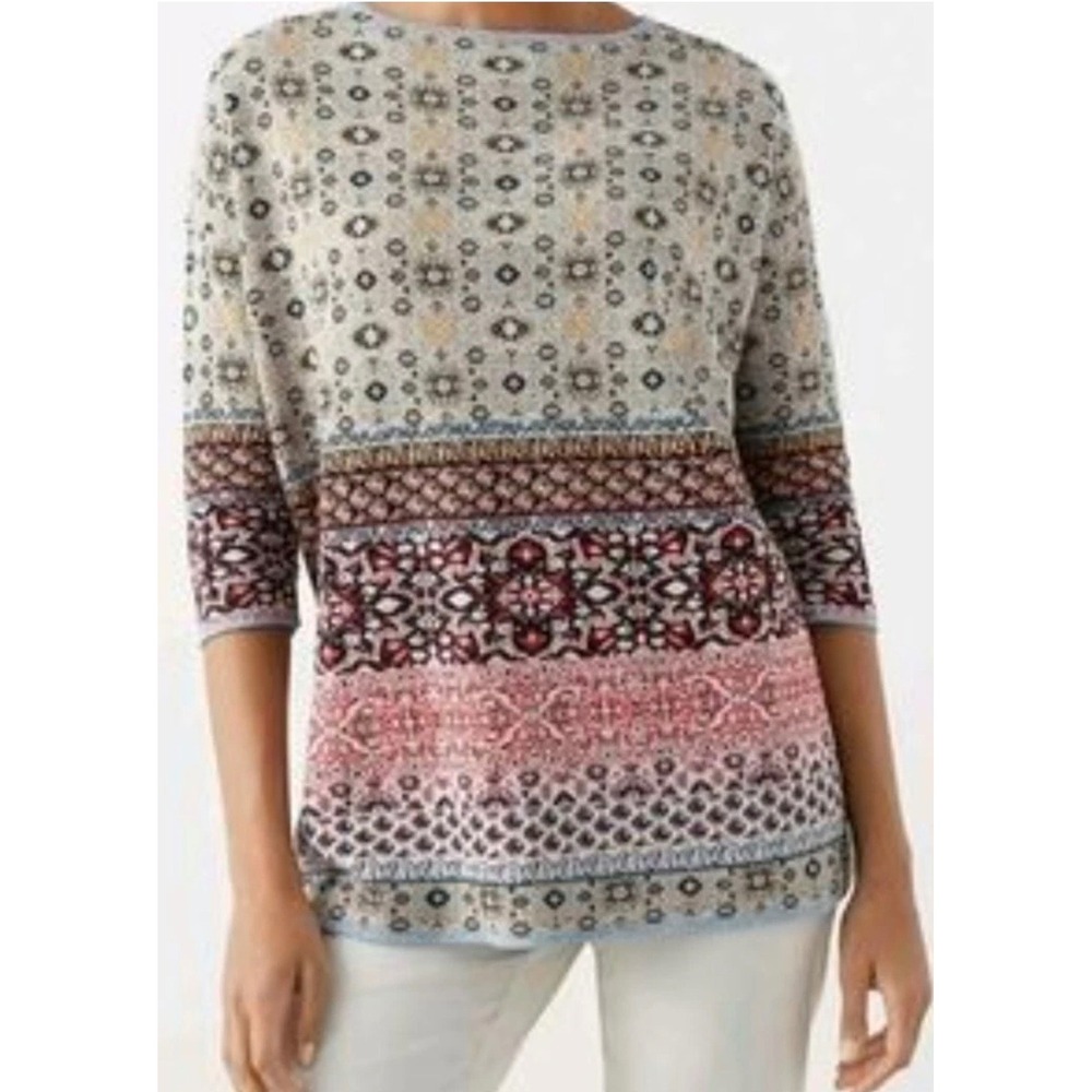 J.Jill Linen Cotton Blend Boatneck Sweater Multi Color Tapestry Print Size L
